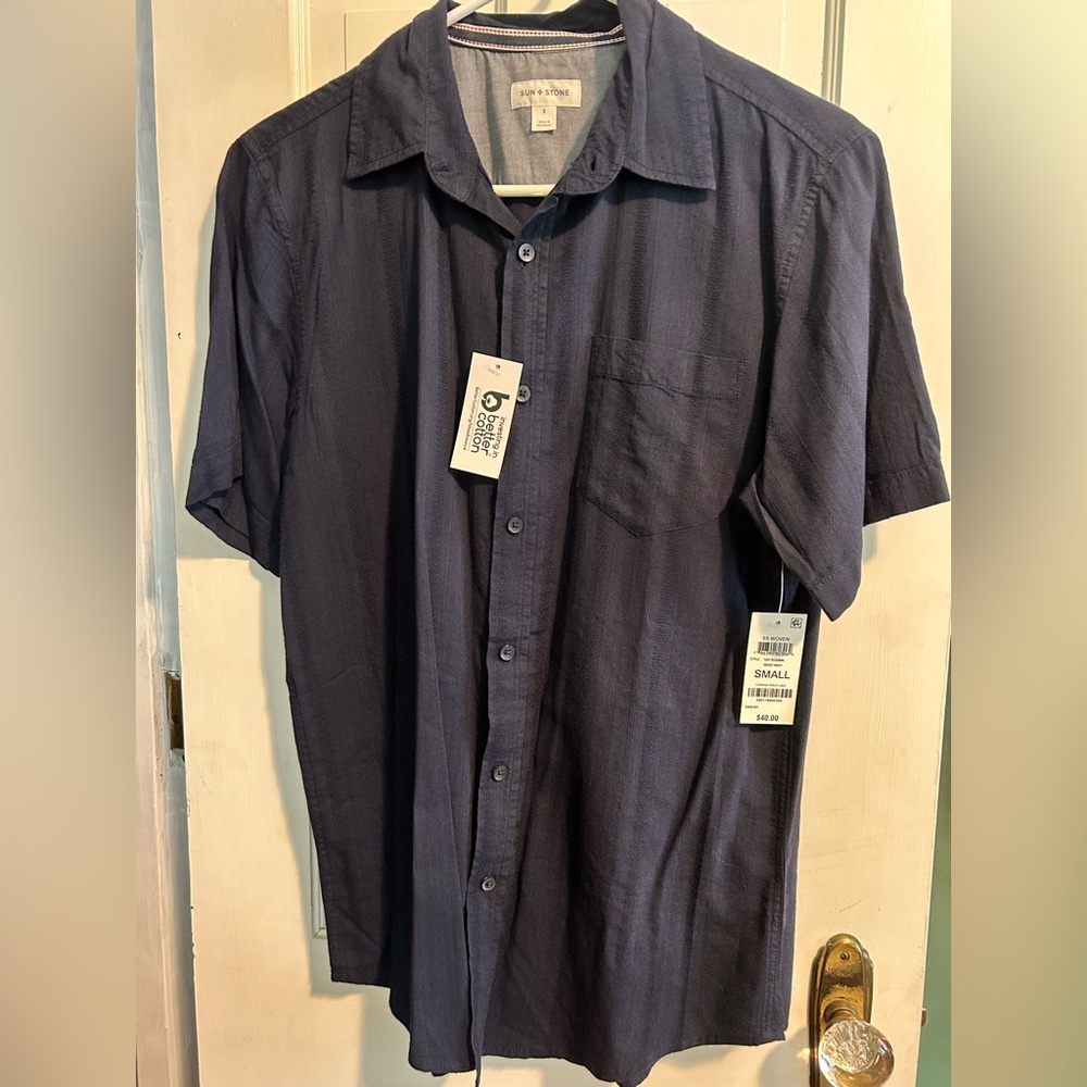 Sun + Stone Men’s Size Small Blue Casual Button Down Shirt Cotton, New With Tags